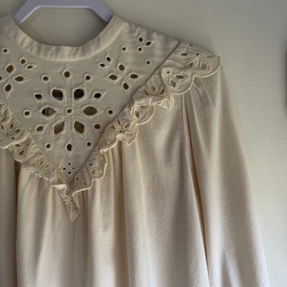 Madewell Cream Eyelet Yoke Ruffle Long Sleeve Blouse Small Ivory Cotton Viscose - Picture 2 of 10